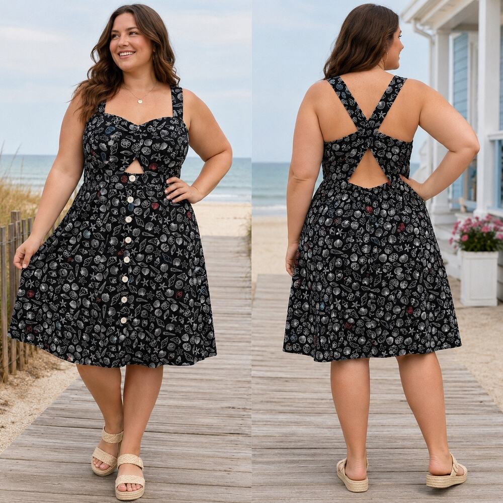 ModCloth Seashell Print Linen Blend Sundress 16W NWT Beach Coastal Dress